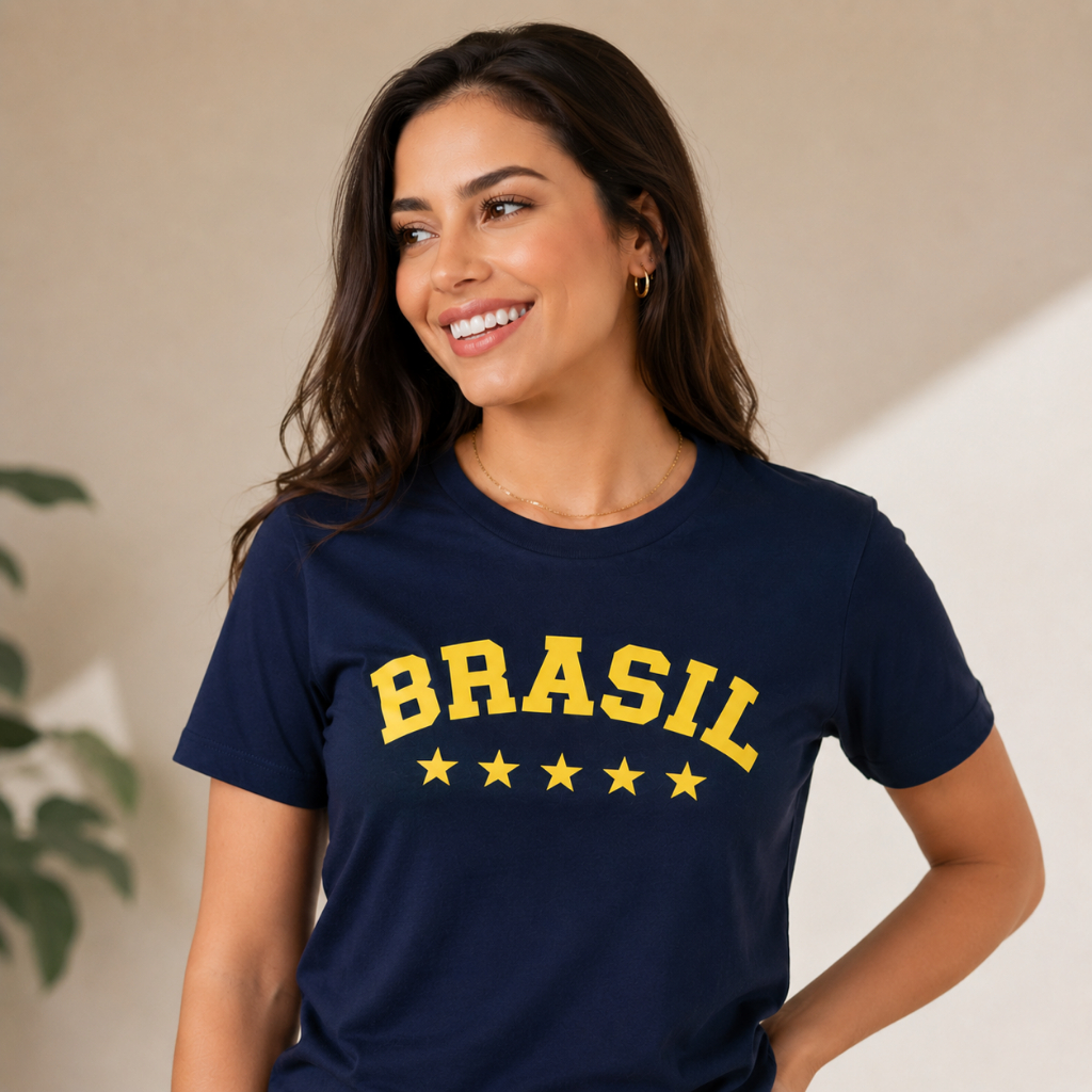 Blusa Feminina Brasil Camiseta T-shirt Copa do Mundo Brasil Casual 100% Algodão Camisa Copa Slim/Mid Size/Plus Size