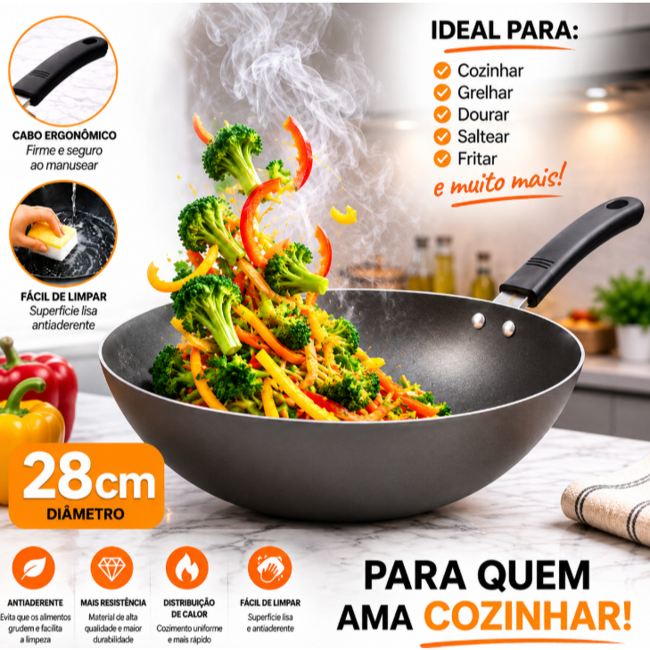 Imagem Frigideira Wok Profissional Antiaderente Refogados E Yakisoba 28cm