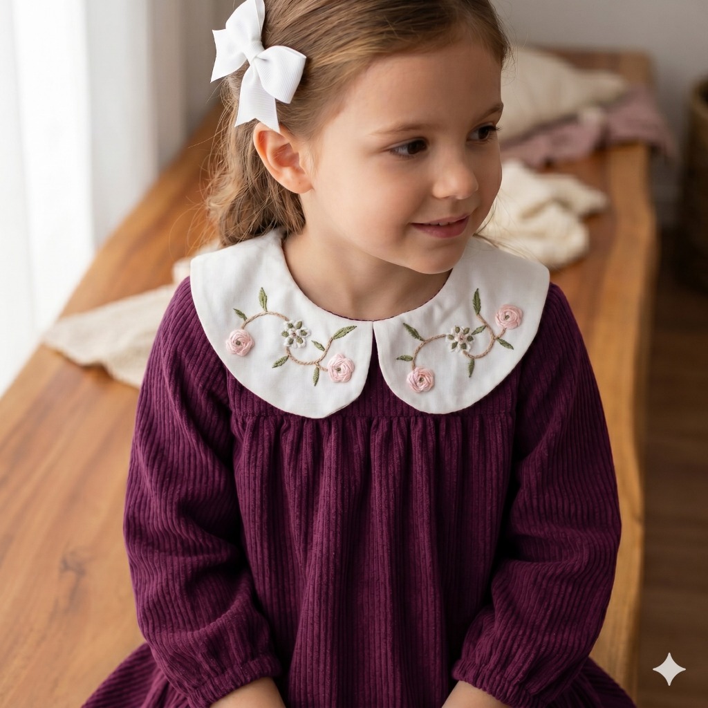 Vestido Infantil de Veludo/Cotelê com mangas comprida Outono/Inverno -Vermelho Vinho