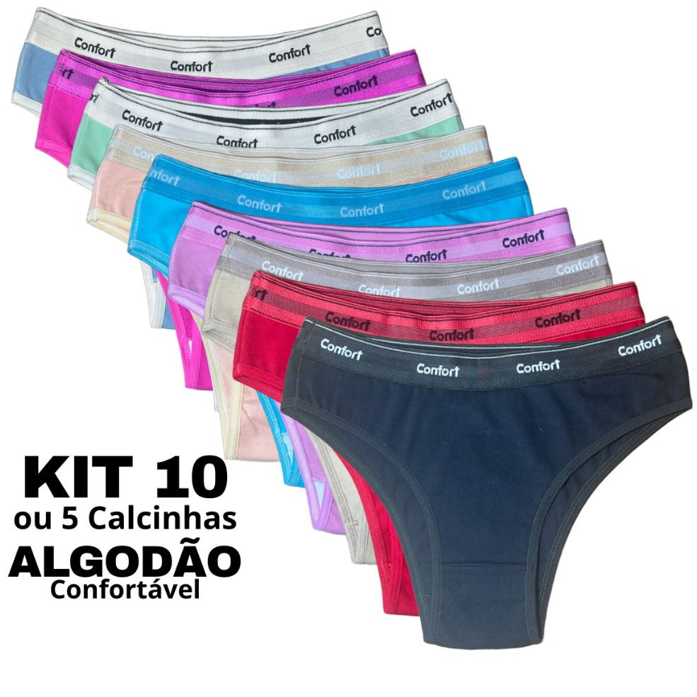 Kit Calcinhas Feminina Confortável Algodão Premium Cós Médio 10 e 5 Unidades
