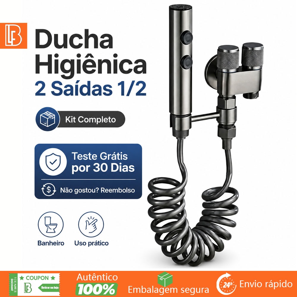 Ducha Higiênica Banheiro Preta Kit Completo 2 Saídas 1/2 Com Registro Gatilho Mangueira Flexível