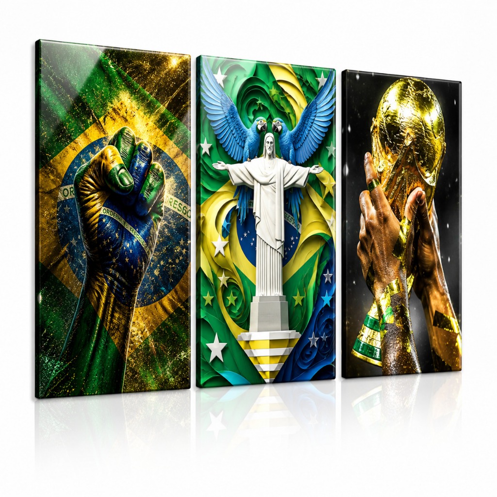 Kit 3 Quadros Decorativos Brasil Cristo Redentor Taça Copa Arte Moderna