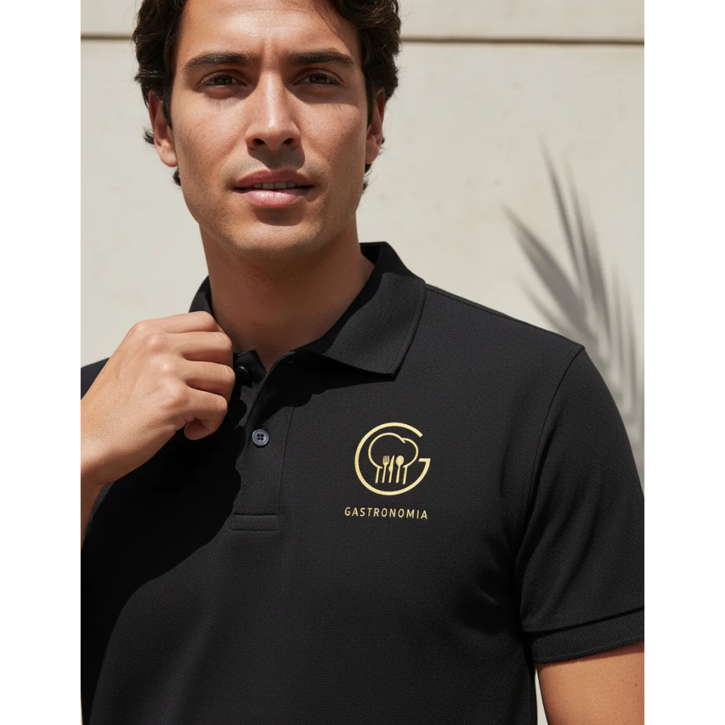 Camiseta Pólo GASTRONOMIA Masculina em Piquet Estampa em Silk Screen Elegância e Bom Gosto