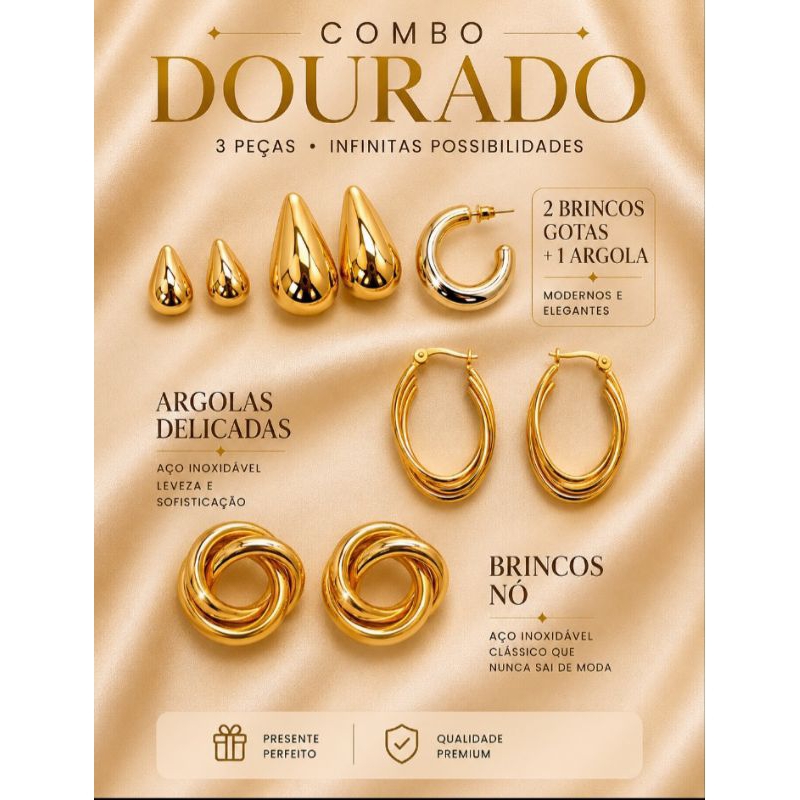 Combo Brincos Dourados 5 Pares | 2 Gotas+argola+argola Aço Inoxidável+Nó Redondo Aço Inoxidável | Kit Elegante