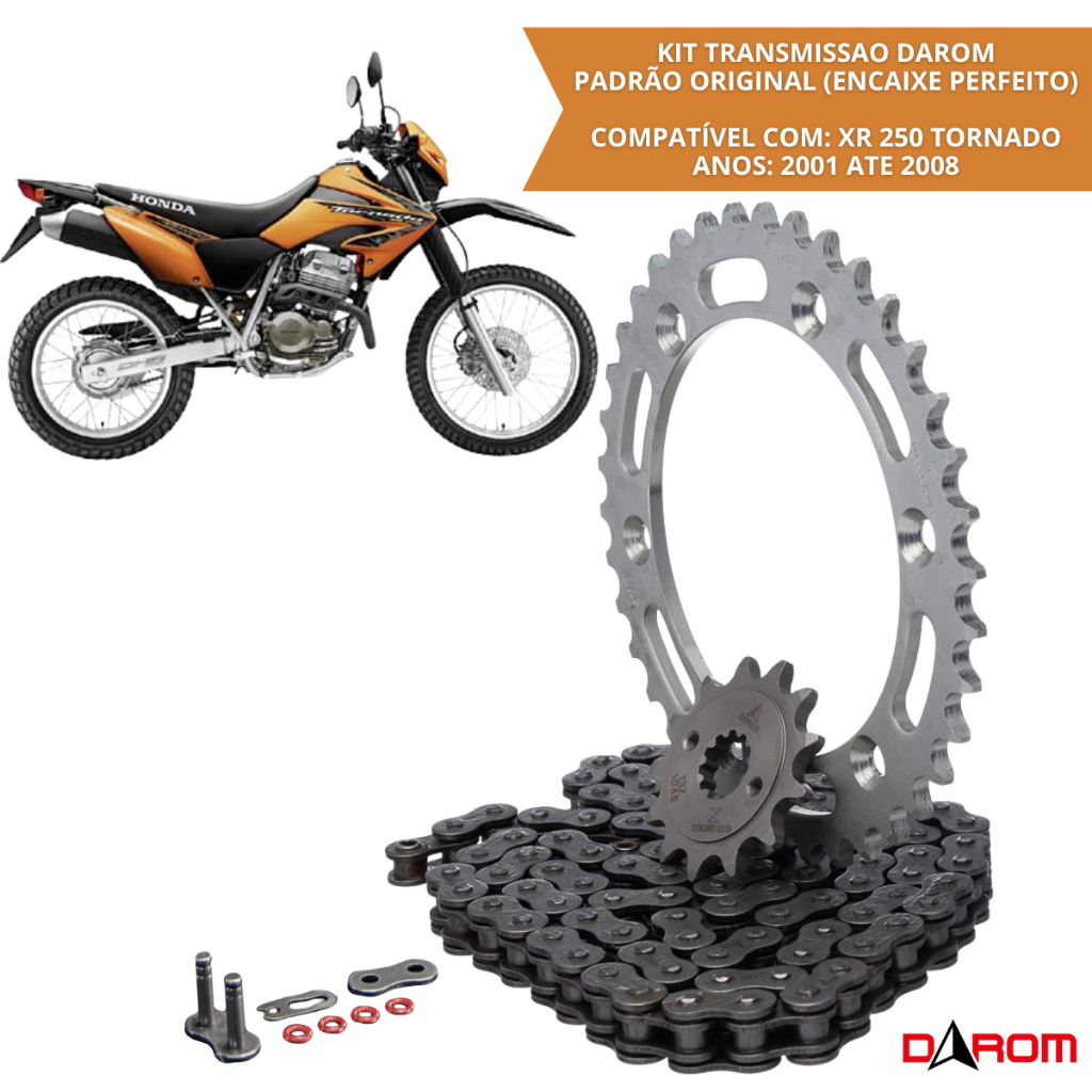 Kit Transmissão Darom Com Retentor Honda XR 250 Tornado 2001 2002 2003 2004 2005 2006 2007 2008 Corrente Coroa Pinhão