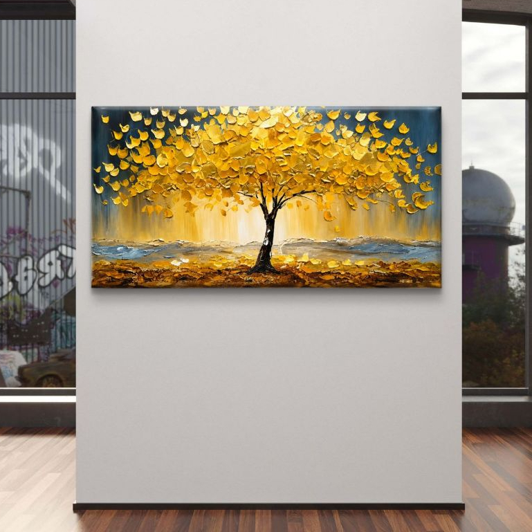 Quadro Grande 110x70 Decoração Casa Sala Quarto Escritório Luxo Flor Árvore Amarela Dourada Paisagem