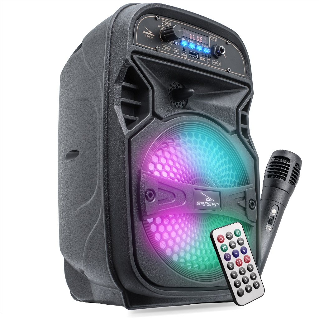 Caixa Som Amplificada Grasep Bluetooth Potente 15W RMS Grande Microfone Função Karaokê Bateria de Longa Duração