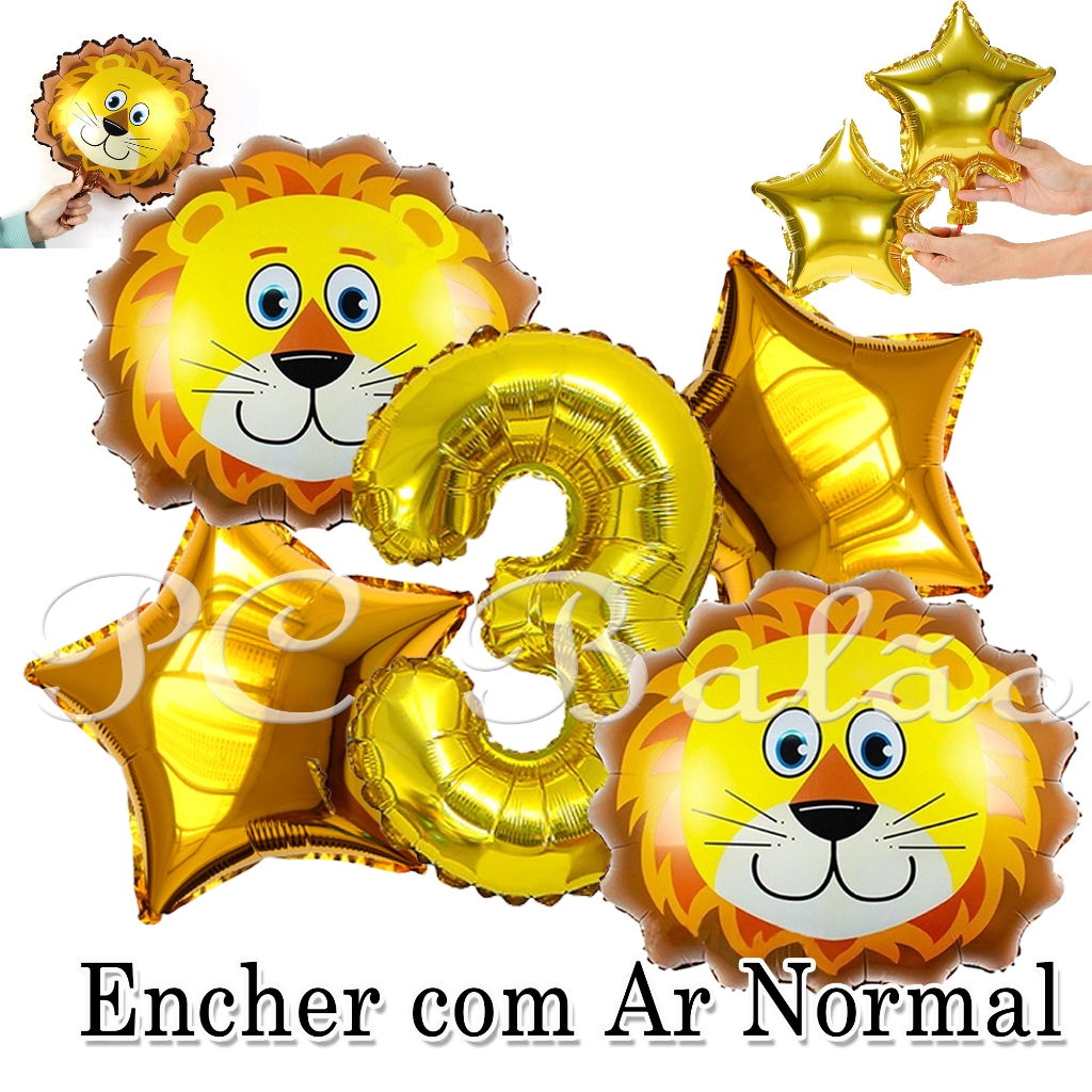 Kit 5 Balão Metalizado 2 LEÃO PEQUENO + 2 ESTRELA DOURADO 22CM + N° 40CM DOURADO DECORAÇÃO SAFARI