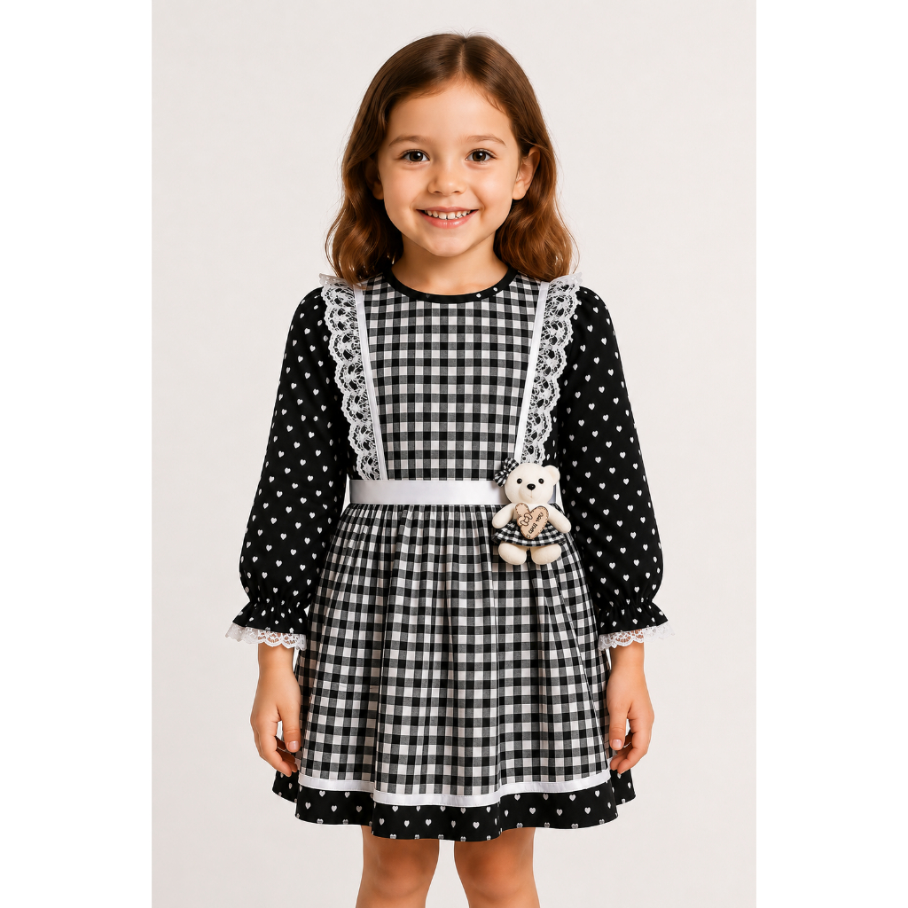 Vestido infantil junino junina xadrez coração rosa vermelho ou preto