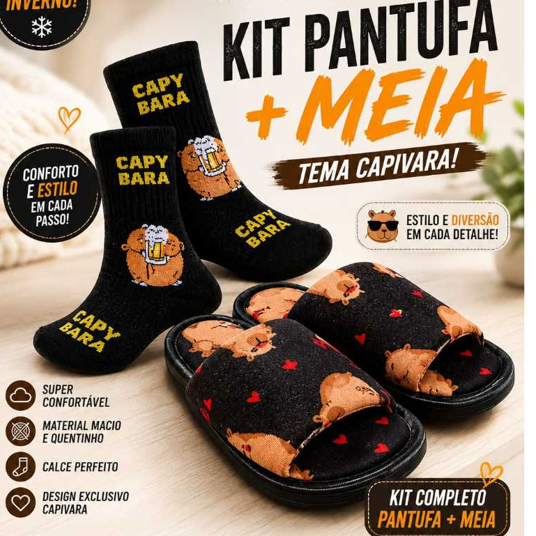 Kit pantufa + meias capivara adulto Chinelos confortável feminino meias divertidas Hoahi de algodão