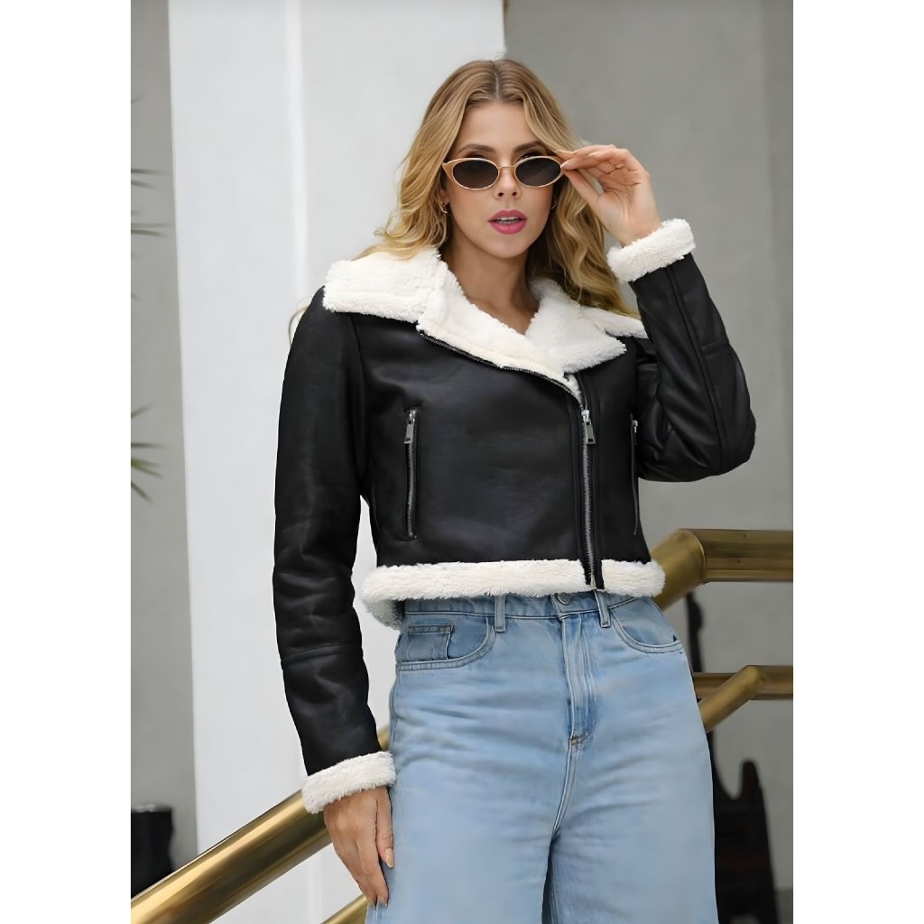 021 COURO PELUCIADA Jaqueta de Couro PU Estilo Cropped Peluciada Feminina Outono Inverno com Bolso Pelucia Elegante