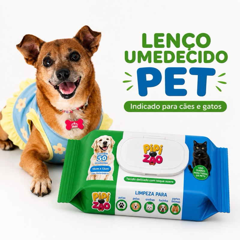 Toalha Lenço Umedecido  Cães e Gatos Pet 50 unidades Limpeza e Higiene Diária