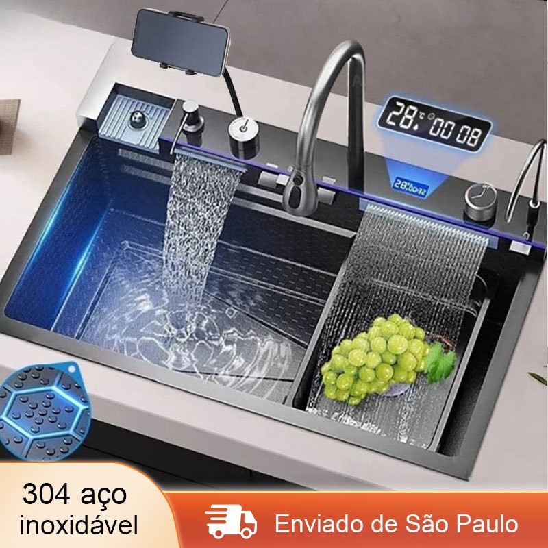 cuba Pia de inox 304 com visor digital de slot e torneira Waterfall Pia Inteligente Premium Completa