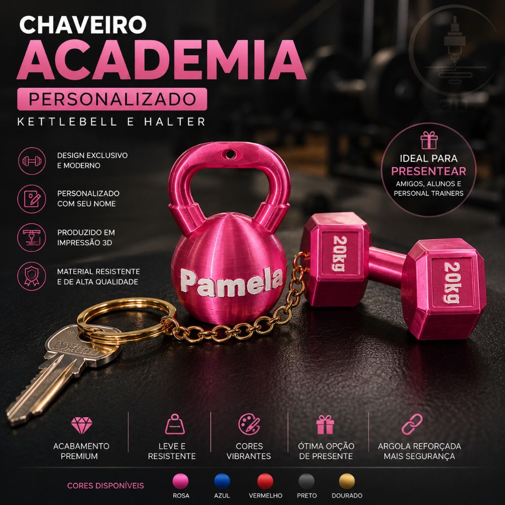 Chaveiro Kettlebell Personalizado com Nome, Academia Fitness Musculação