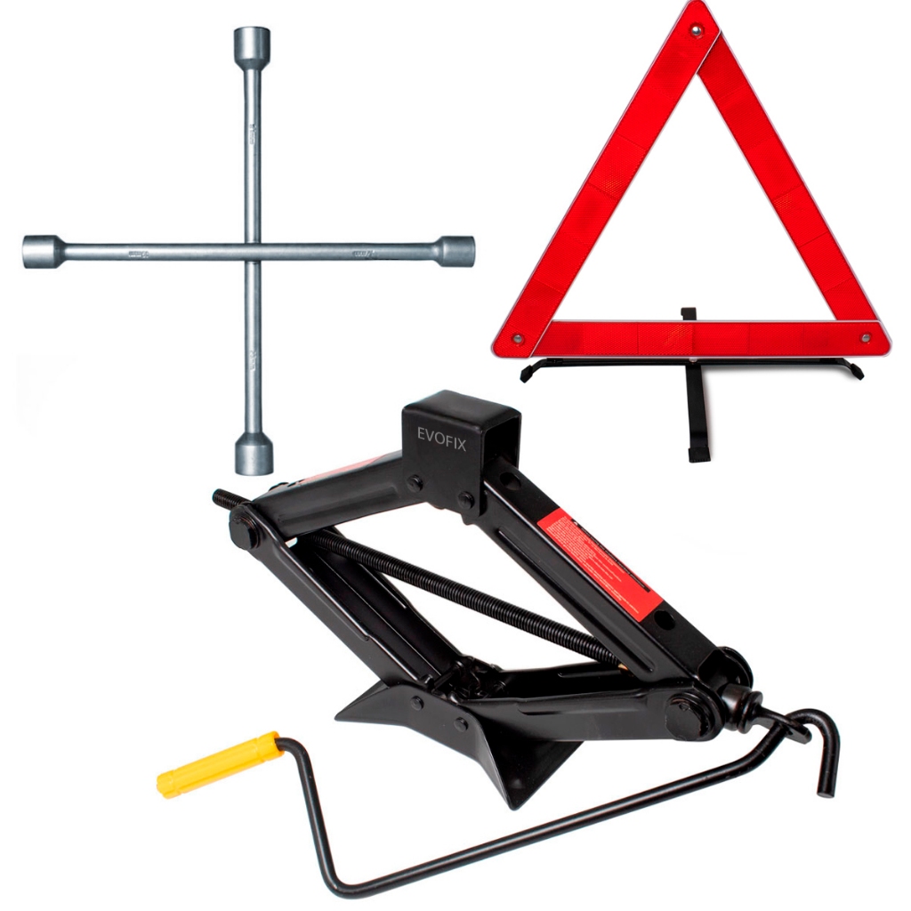 Kit Estepe Macaco Mecânico Sanfona Carro 1T Universal 1000Kg Reforçado Chave De Roda + Triângulo Sinalização Segurança