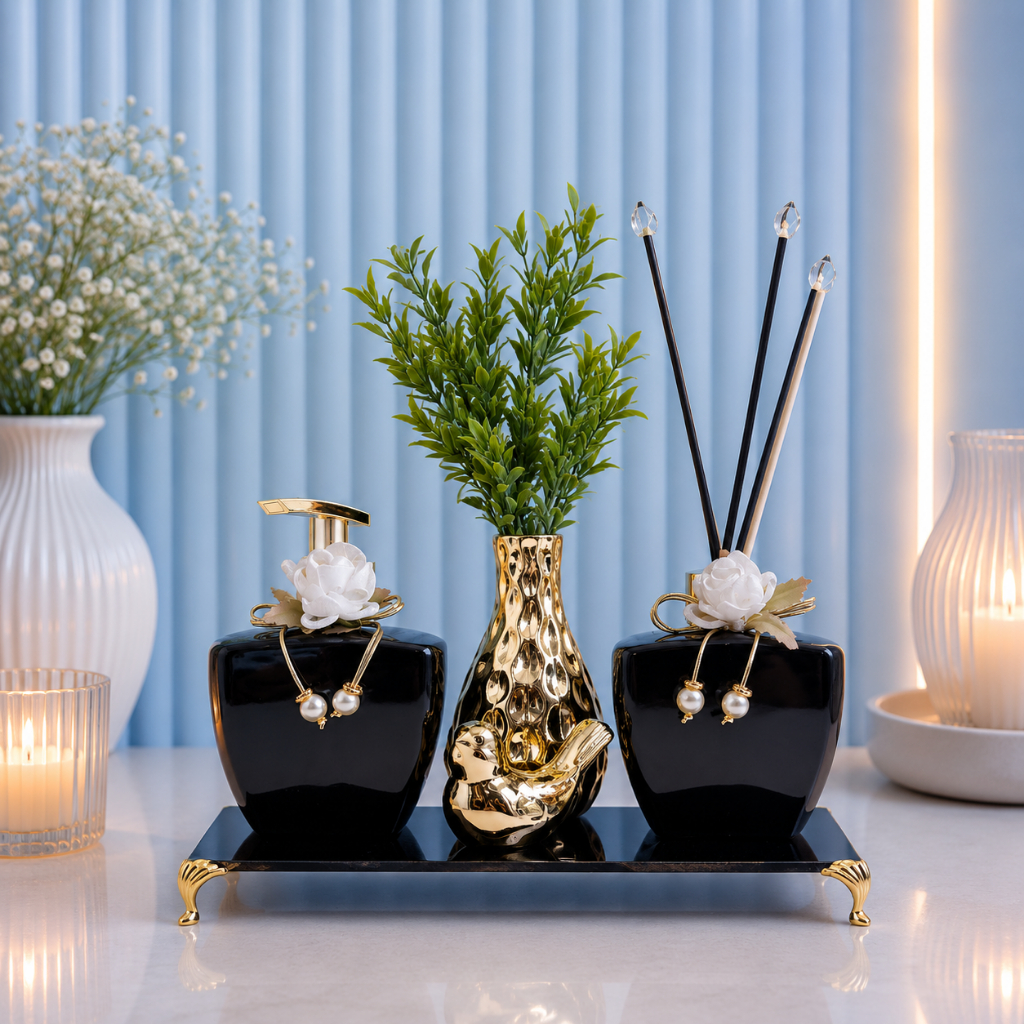 Kit Lavabo Ouro - Dourado Sabonete Difusor + Passarinho Porcelana + Bandeja e Vaso Porcelana Completo sem Planta