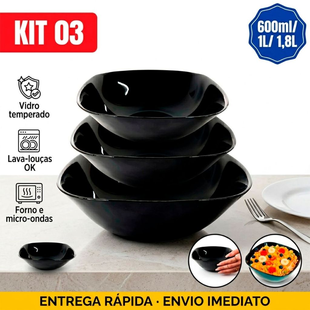 Kit Jogo 3 Tigelas Bowl Quadrada Preta black Opaline 370ml/600ml/1,9 LItros Resistente