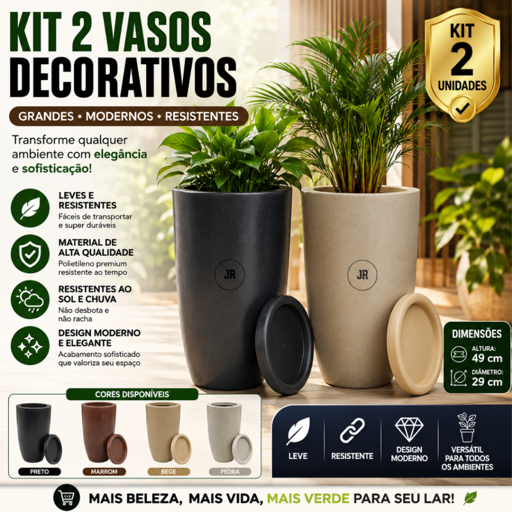 Vasos Decorativos Lisos 49cm Conjunto 2 Unidades Polietileno Moderno Grande para Plantas Sala Jardim Varanda