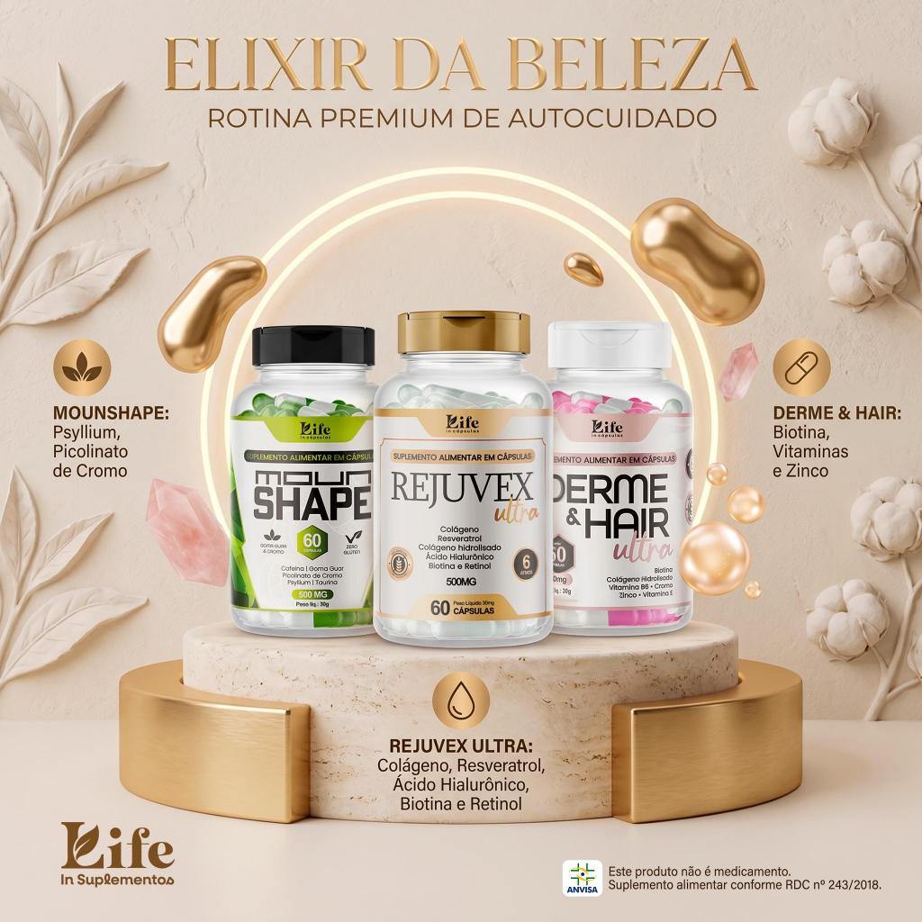 Kit Elixir da Beleza Rejuvex + Derme Hair + Moushape 60 Cápsulas Beleza Pele Cabelos Unhas