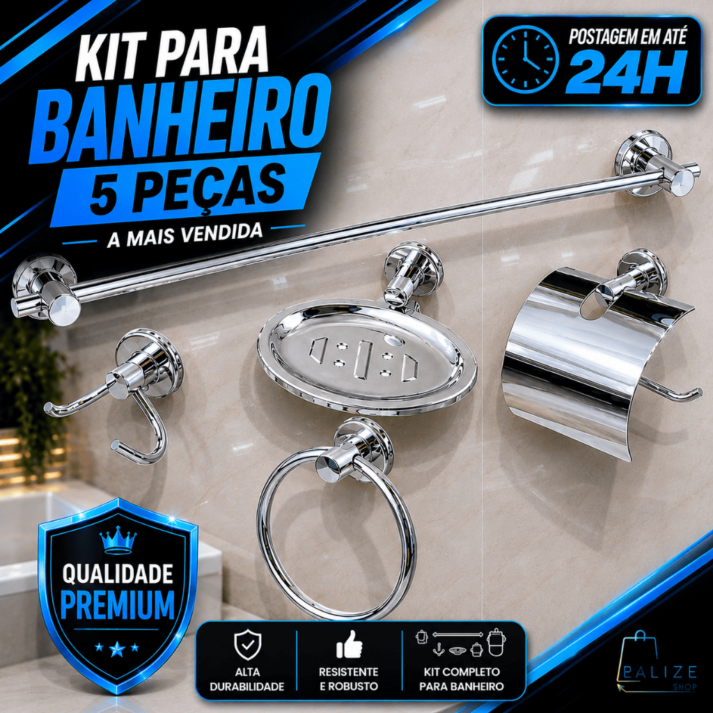 Kit Para Banheiro 5 Peças COMPLETO Acessórios de Metal Aço Inox Cdg. 750