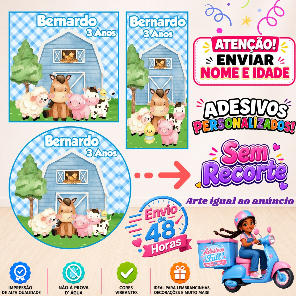 Fazendinha Azul - 100/60/40 Adesivos Personalizados Lembrancinhas Festa Aniversário
