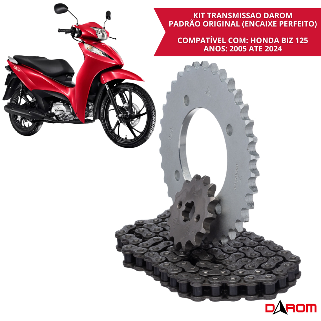 Kit Relação Transmissão Darom Biz 125 2005 a 2024 Corrente Coroa Pinhão 428HX 106L 34T 14T Honda Biz 125 KS ES EX