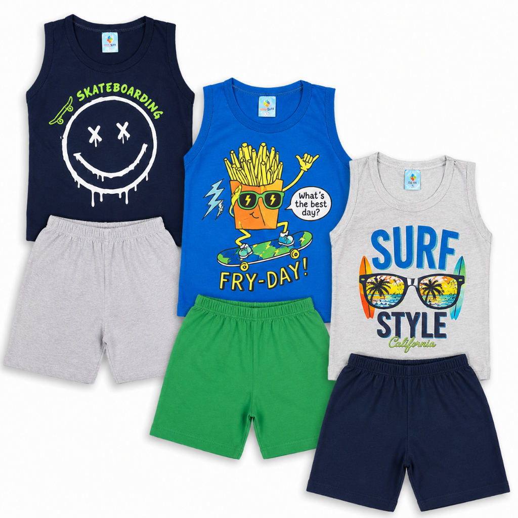 Kit 4 ou 6 Peças Conjunto Regata Infantil Menino Verão Kit 2 ou 3 Conjuntos Regata + Shorts/Bermuda