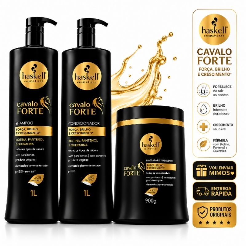 Haskell Cavalo Forte HASKELL COMPLETO  Shampoo 1LT + Concidcionador 1Lt + Máscara 900gr Força Brilho Crescimento