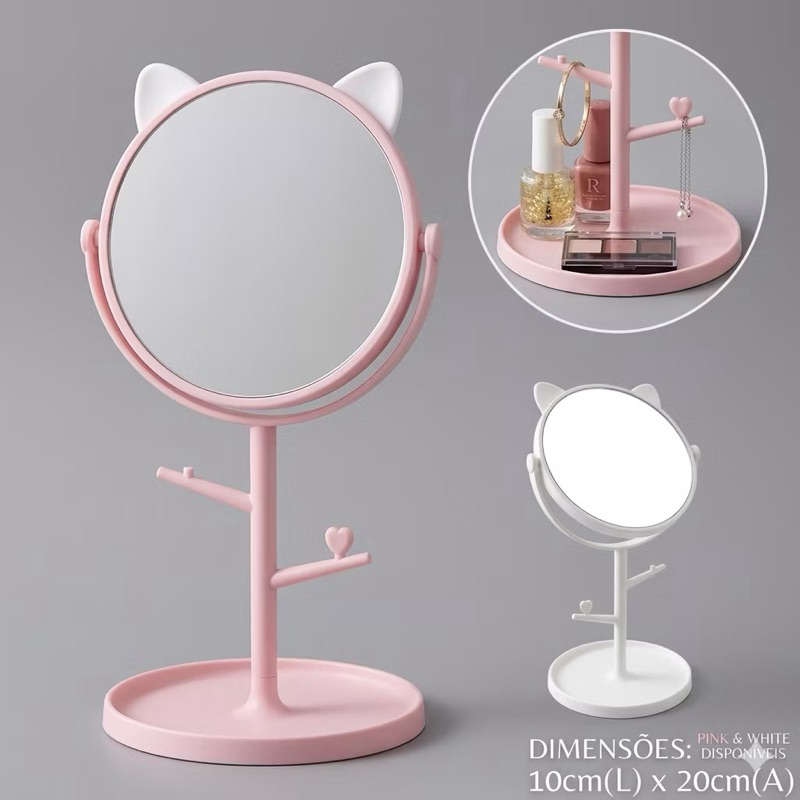 Espelho Mesa Penteadeira Porta Bijuteria Gatinha, com suporte em baixo para por maquiagem anel brincos..