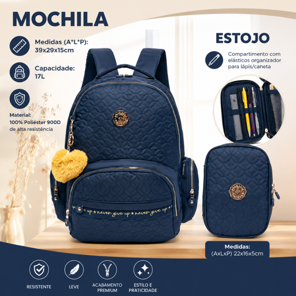 Kit Mochila Estojo Feminina Faculdade Resistente Casual Azul Escolar