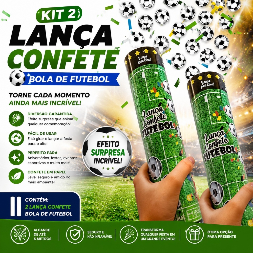Kit Lança Confete Bola de Futebol Festa Estouro Eventos Aniversario Crianca Infantil Adulto Papel