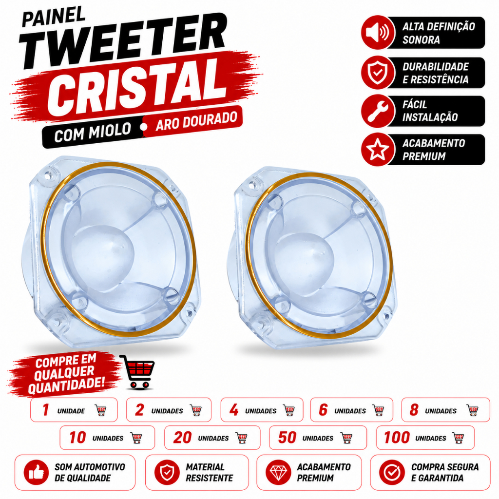 Painel Tweeter Zetta Tiger Cristal Som Automotivo Com Miolo Aro Dourado