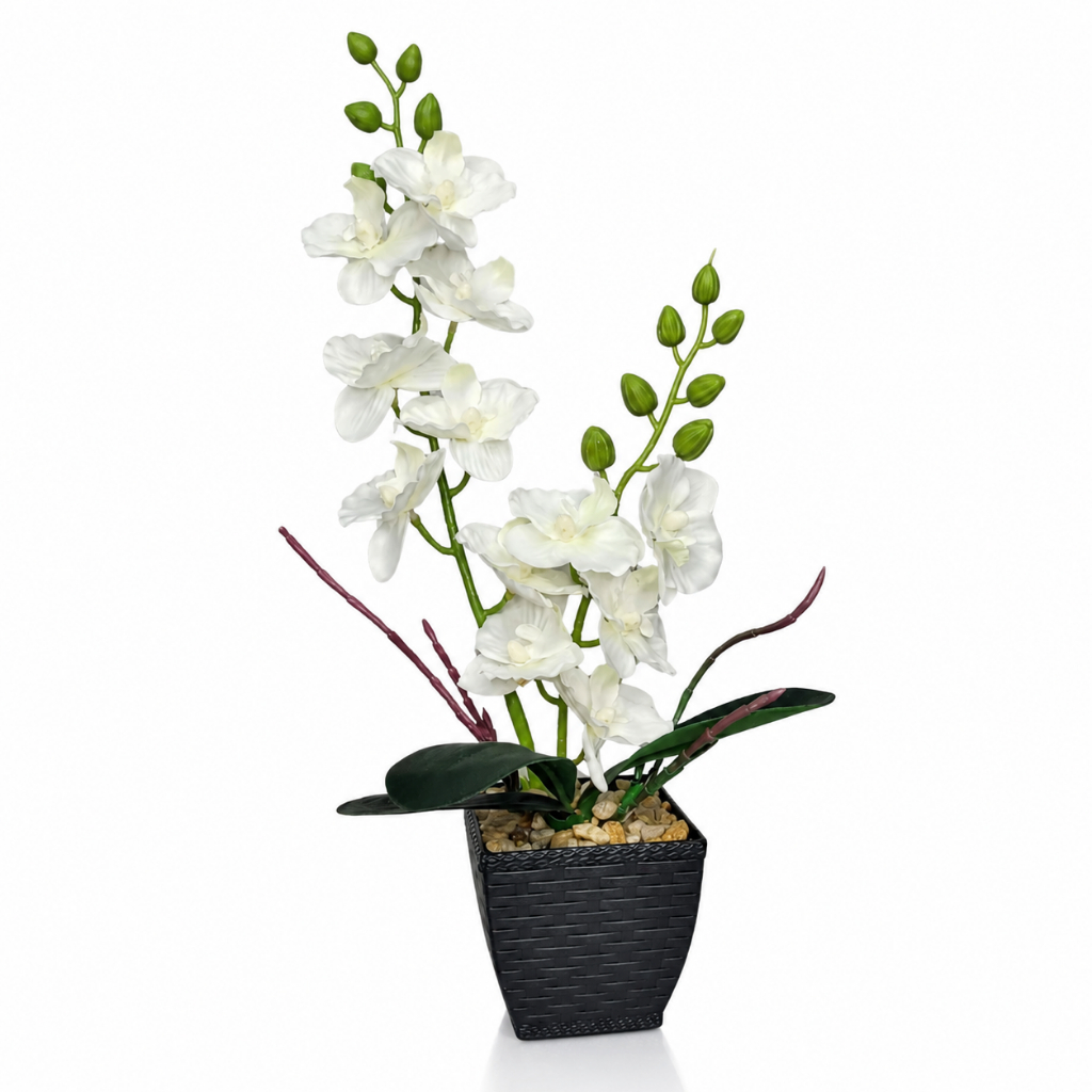 Arranjo Orquídea Artificial Branca 2 Galhos Vaso Preto Tijolado Para Sala Quarto Escritório E Mesas