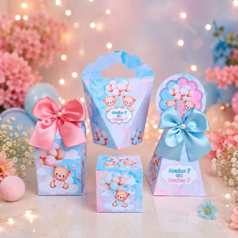 Kit Caixas Ursinhos Rosa e Azul Chá Revelação Personalizado | Lembrancinha de Festa - Decoração / DESMONTADO