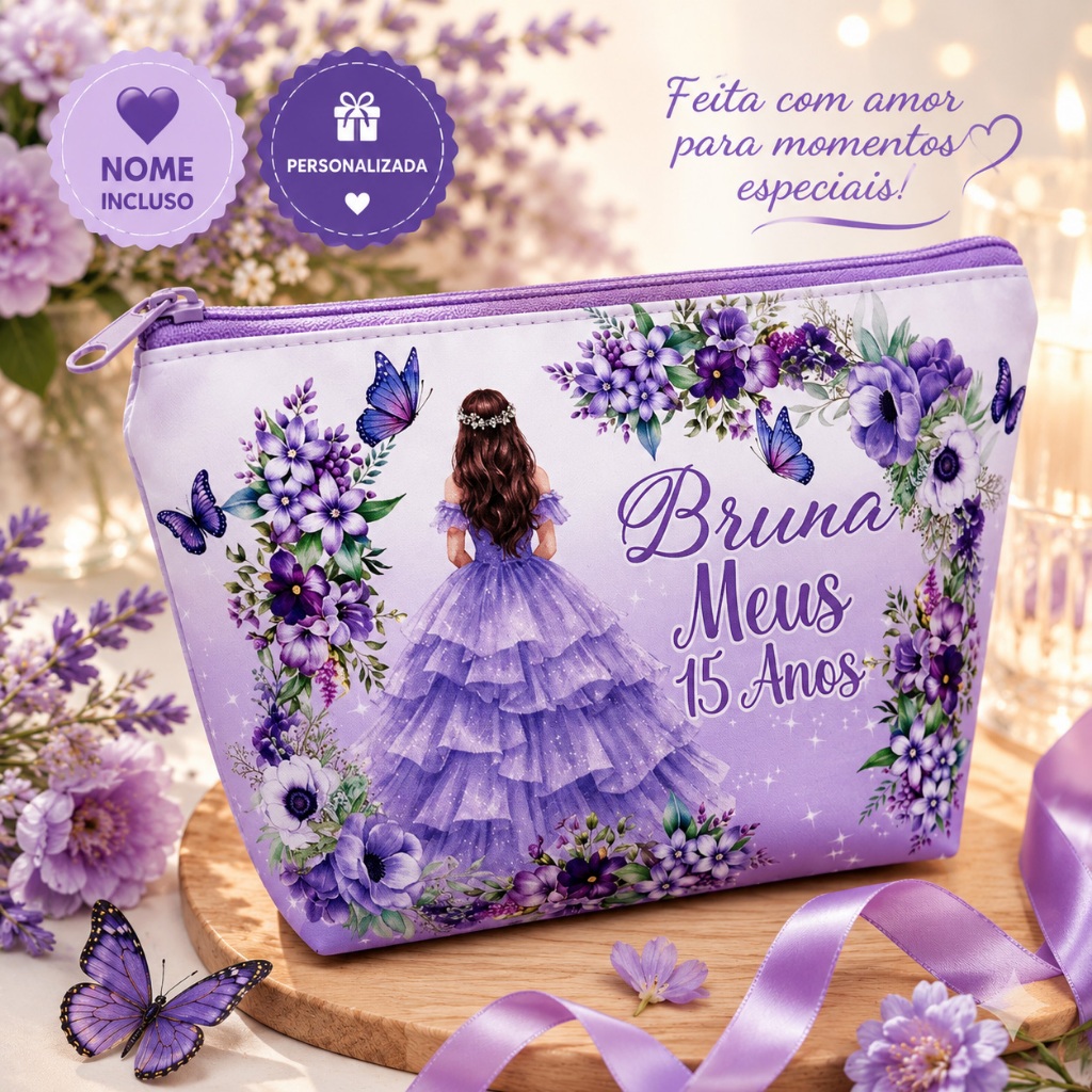 Kit 5,10,15, 20 Necessaire Personalizada 15 Anos Lilás Lembrancinha Personalizada Debutante Luxo Casamento noivado Temas