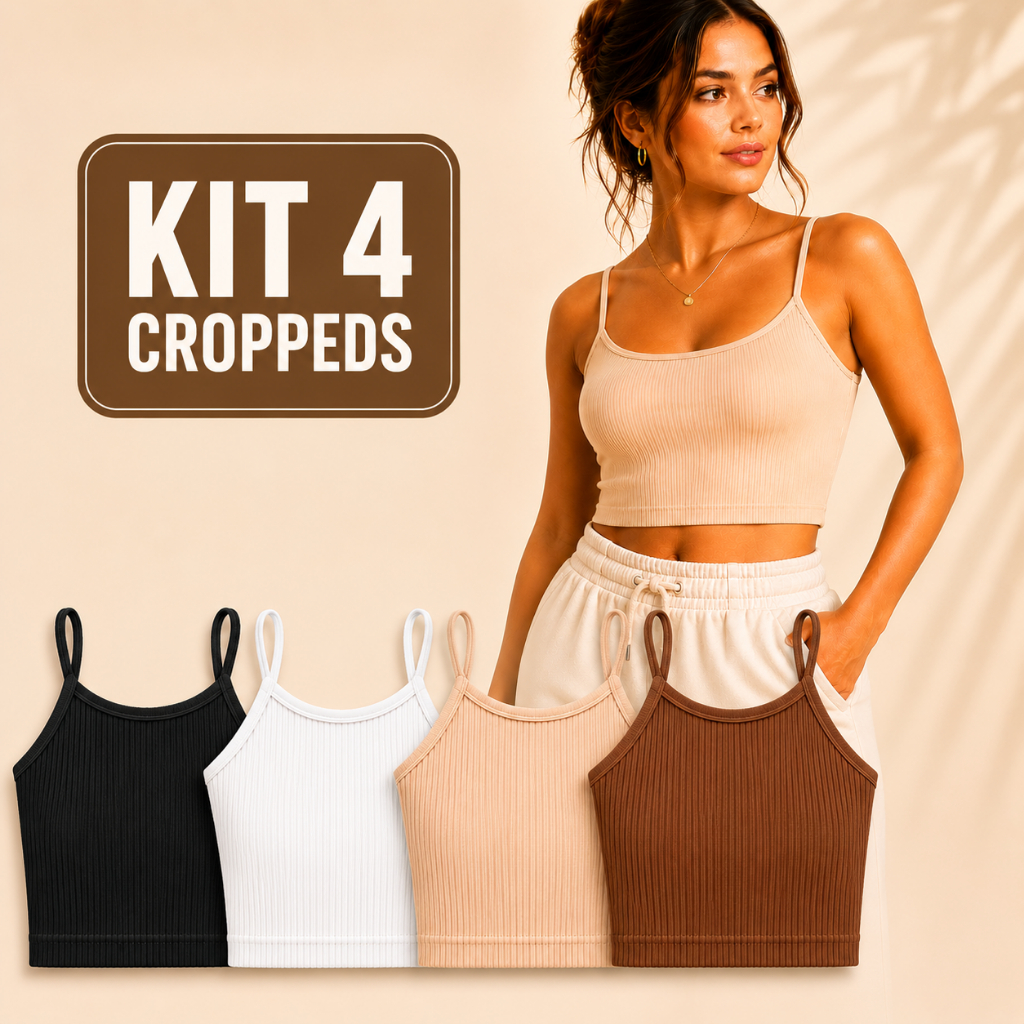 Kit 4 Tops Cropped Feminino Canelado Alcinha Fitness Academia Básico Confortável