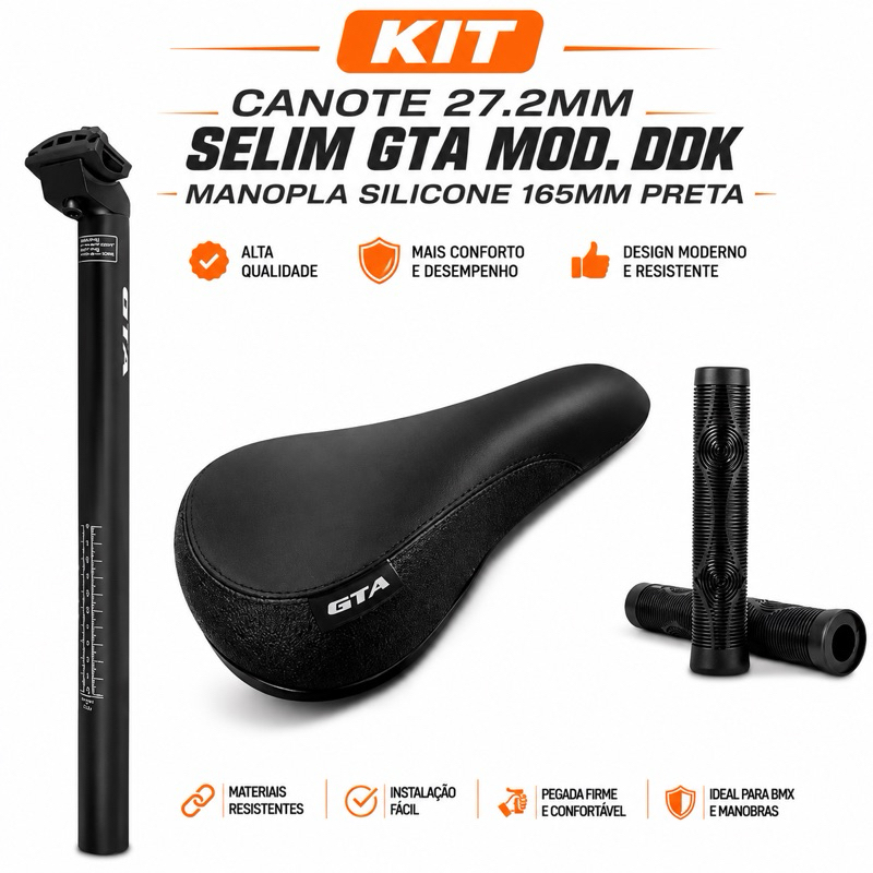 Canote Selim 27.2mm + Selim GTA Modelo DDK + Par de Manoplas 165mm Preta Bicicleta Bike aro 26 27.5 29 Alta Qualidade