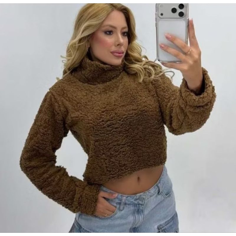 Casaco Teddy Feminino Cropped Peluciado Gola Alta Inverno Blusa Teddy Manga Longa Quentinha Pelinho