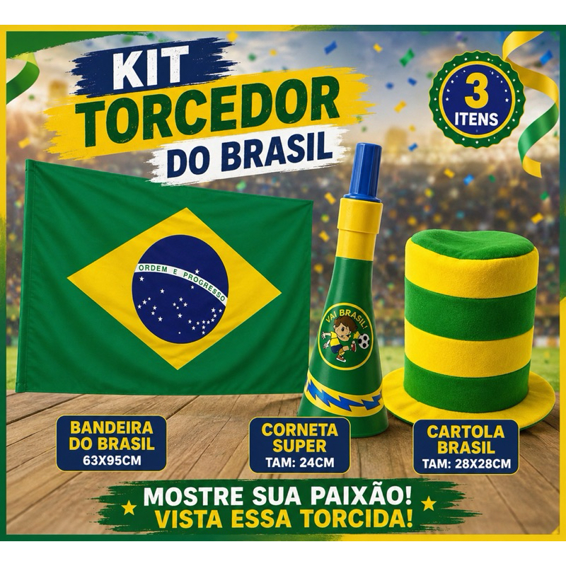 Kit Torcedor Do Brasil Com 3 Itens | Bandeira, Corneta E Cartola | Cenário, Copa Do Mundo, Seleção Brasileira, Torcida