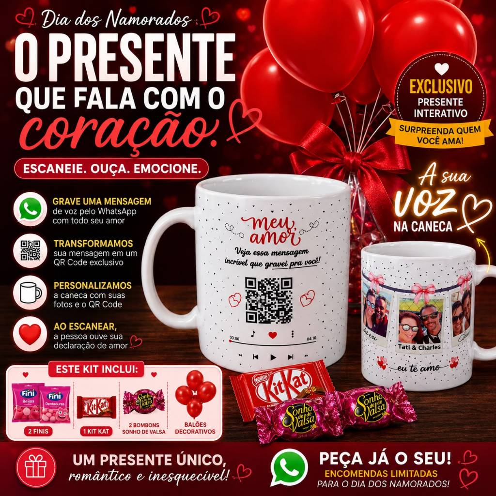 Caneca Interativa Personalizada - sua voz e suas fotos gravadas nesse presente lindo - namorados, pai, mãe, filho...