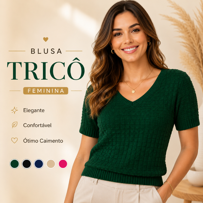 Blusa Tricô Feminina Manga Curta Gola V Modal Canelada Elegante Casual Inverno Leve |3061| Lançamento