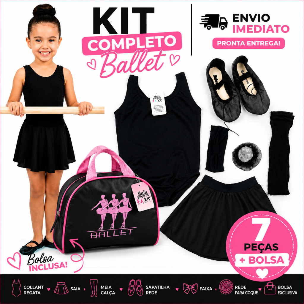 Kit Ballet Infantil Completo Preto 7 Peças + Bolsa Bailarina 2 a 12 Anos