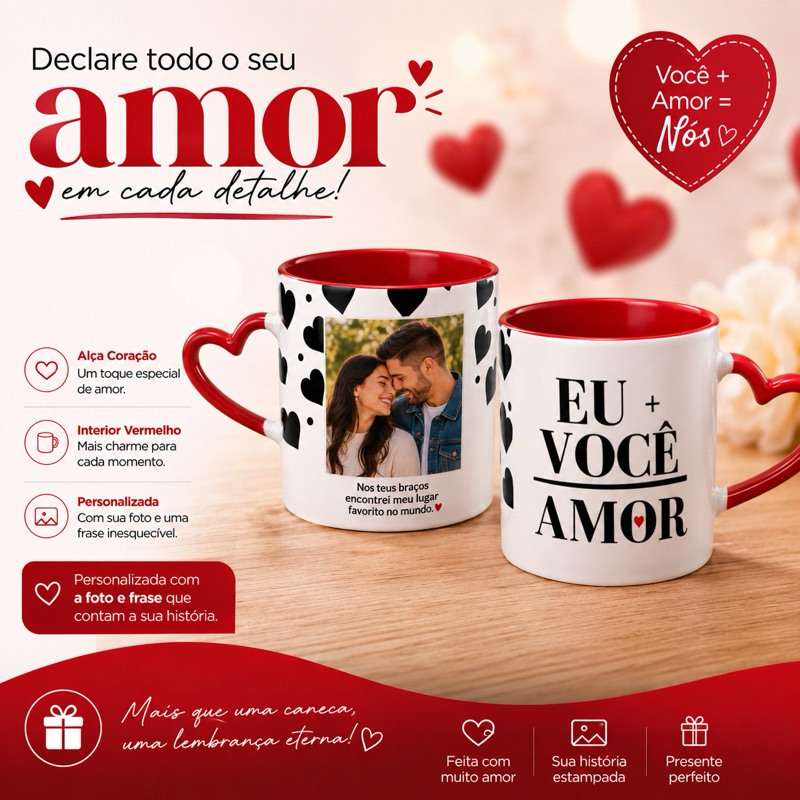 Caneca Personalizada com Foto Casal Alça Coração Vermelha | Presente Romântico para Namorado e Namorada