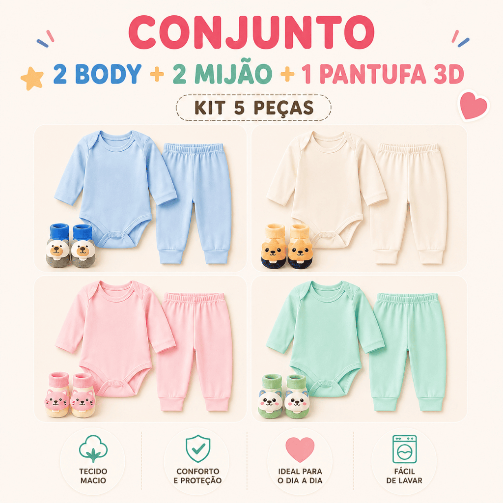 Kit 5 peças body bebê manga longa calça mijão pantufa 3D Menino e menina RN ao G