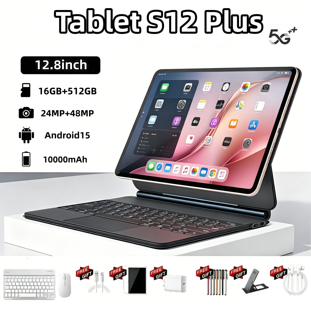 【Teclado e mouse gratuitos】Tablet  S12 Plus Tab Pad Memoria 12GB+512GB 12.8 PolegadasTela Grande Android Dual SIM