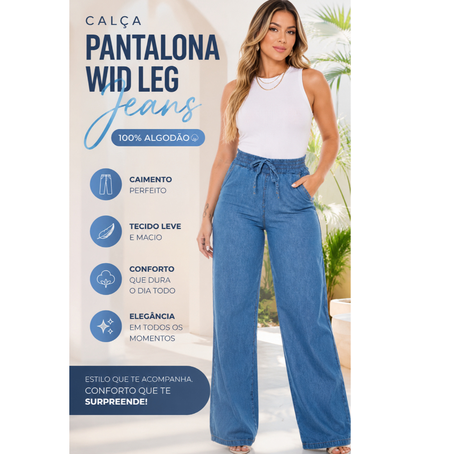 Calça Pantalona Wide Leg Jeans Feminina Cintura Alta Tecido Leve