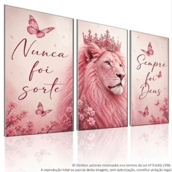 Quadro Decorativo 3 Peças Leão Rosa Borboleta Decoração Sala Quarto Escritório