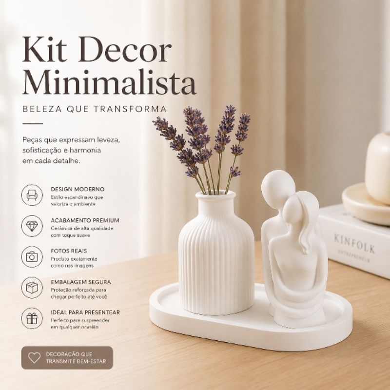 Kit Decorativo Minimalista Escandinavo Bandeja + Vaso + Escultura Casal em Gesso- Off-white