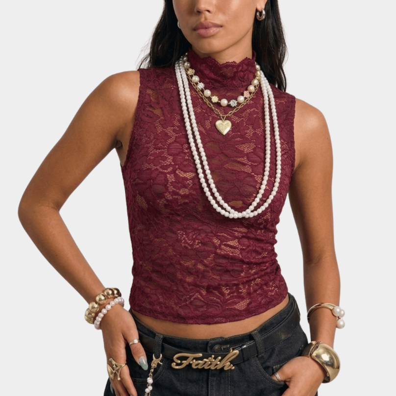 Blusa Regata Cropped Renda Vinho Marsala Transparente Gola Alta Bordô Rendado Cherry Segunda Pele