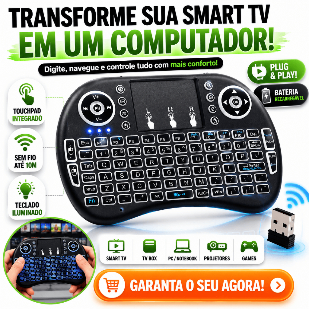 Mini Teclado Sem Fio Touchpad Iluminado Recarregável Smart TV TV Box Android TV PC Notebook 2.4G
